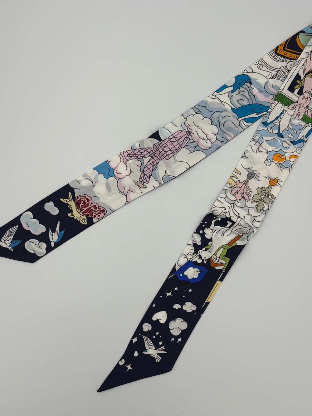 Hermes Sur Mon Nuage Twilly Silk Scarf Marine Clair Ciel Navy Blue Cloud Print - Picture 2 of 6